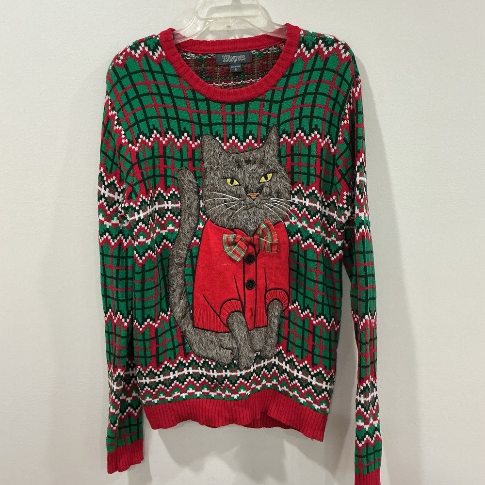 Christmas Furry Cat Sweater Size S Mens Women's Pullover Plaid Holiday Fuzzy Bow